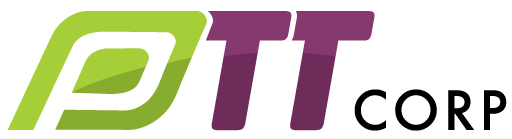 PTT logo featuring a stylized green letter P followed by two purple letters T in a modern, italicized design