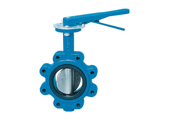 Blue lug-type butterfly valve with lever handle and visible disc, used for flow regulation in piping systems.
