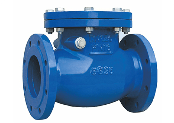 Blue cast iron swing check valve with flanged ends, used to prevent backflow in pipelines.