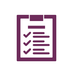 Purple icon of a checklist on a clipboard, representing inspection, task completion, or quality control, on a white circular background.