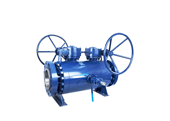 Blue cast iron globe valve with flanged ends and black handwheel, used for regulating fluid flow in pipelines.