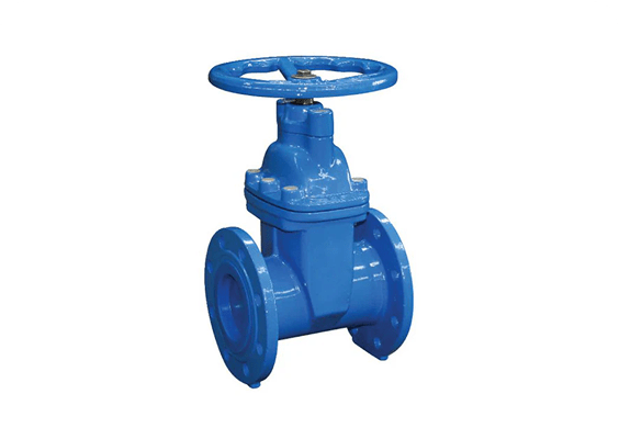Blue cast iron gate valve with handwheel and flanged ends for flow control in pipelines.