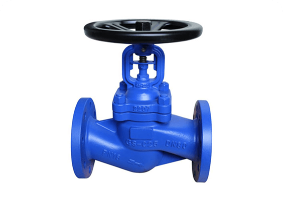 Blue cast iron globe valve with flanged ends and black handwheel, used for regulating fluid flow in pipelines.