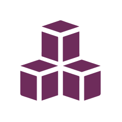 Purple icon of three stacked cubes, representing inventory, storage, or product packaging, on a white rounded square background.