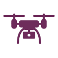 Purple drone icon with camera, representing aerial photography or UAV technology.