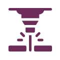 Purple laser cutting machine icon with beam and sparks, symbolizing CNC cutting.