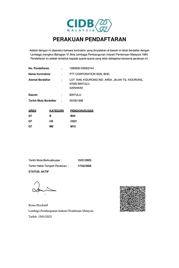 CIDB certificate for PTT Corporation Sdn. Bhd., G7 grade with B04, CE21, M15 specializations, valid 15/01/2025–17/02/2028.