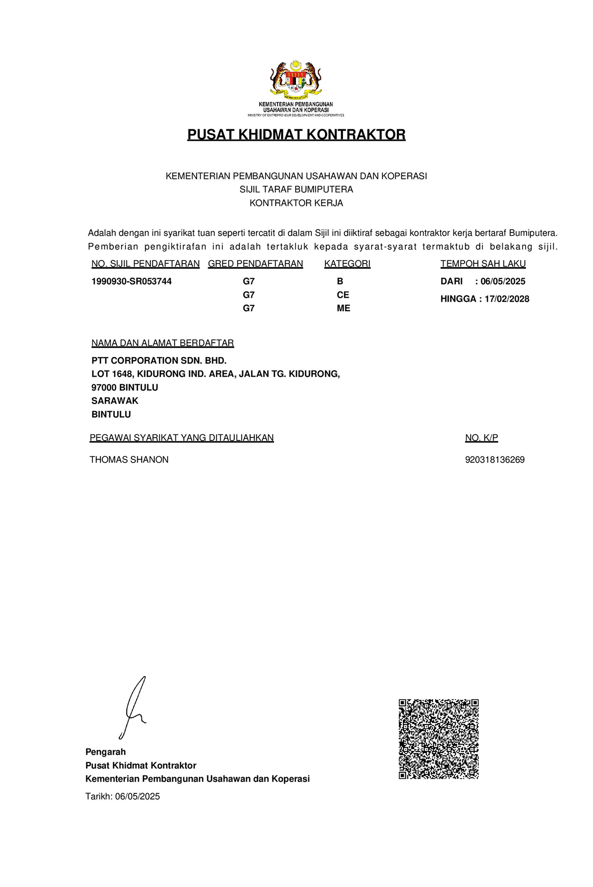 Bumiputera contractor certificate for PTT Corporation Sdn. Bhd., G7 grade, valid from 06/05/2025 to 17/02/2028.