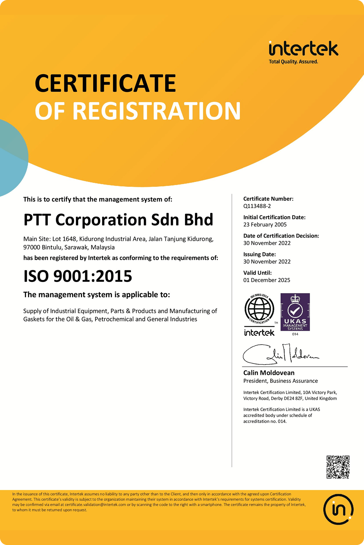 ISO 9001:2015 certificate for PTT Corporation Sdn. Bhd., valid until 01 December 2025.