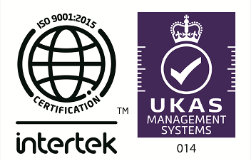 ISO 9001:2015 certification logos showing Intertek and UKAS Management Systems accreditation with code 014.