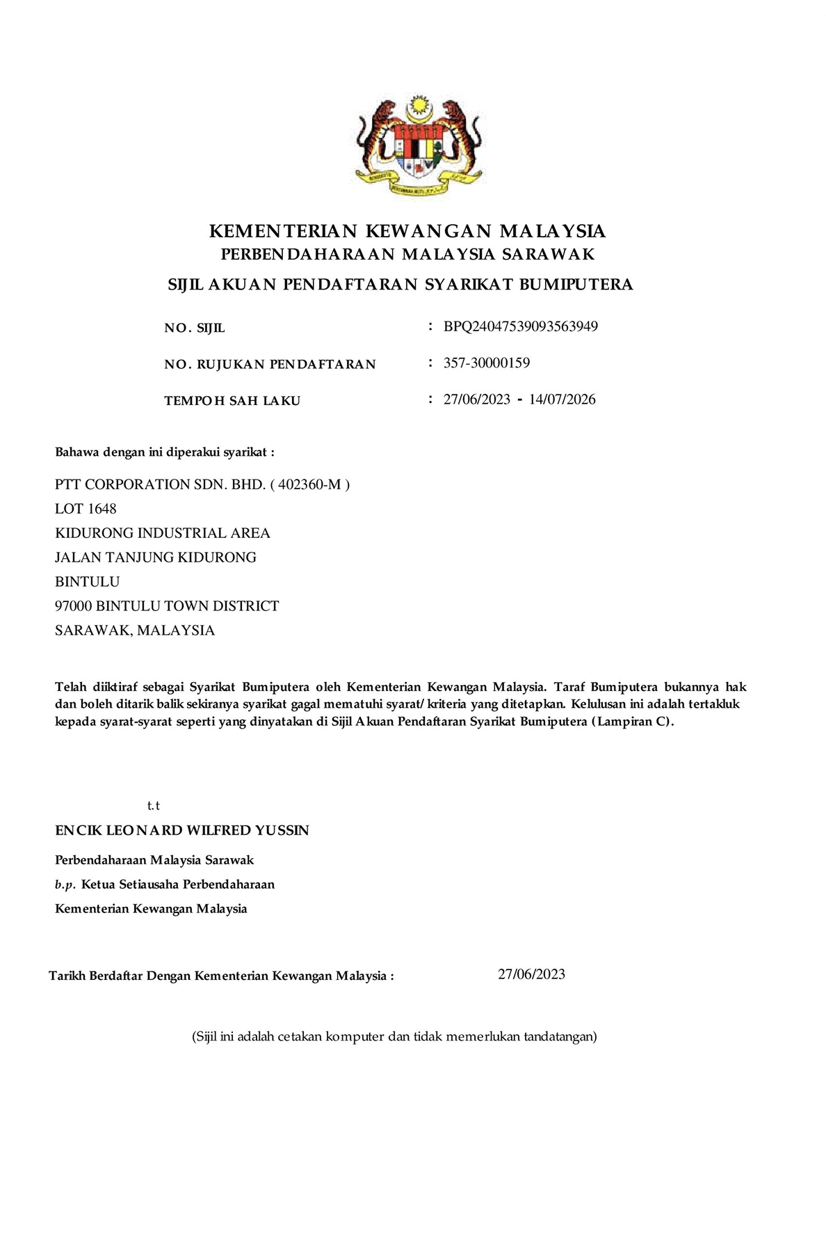 Bumiputera certificate for PTT Corporation Sdn. Bhd., valid from 27/06/2023 to 14/07/2026.