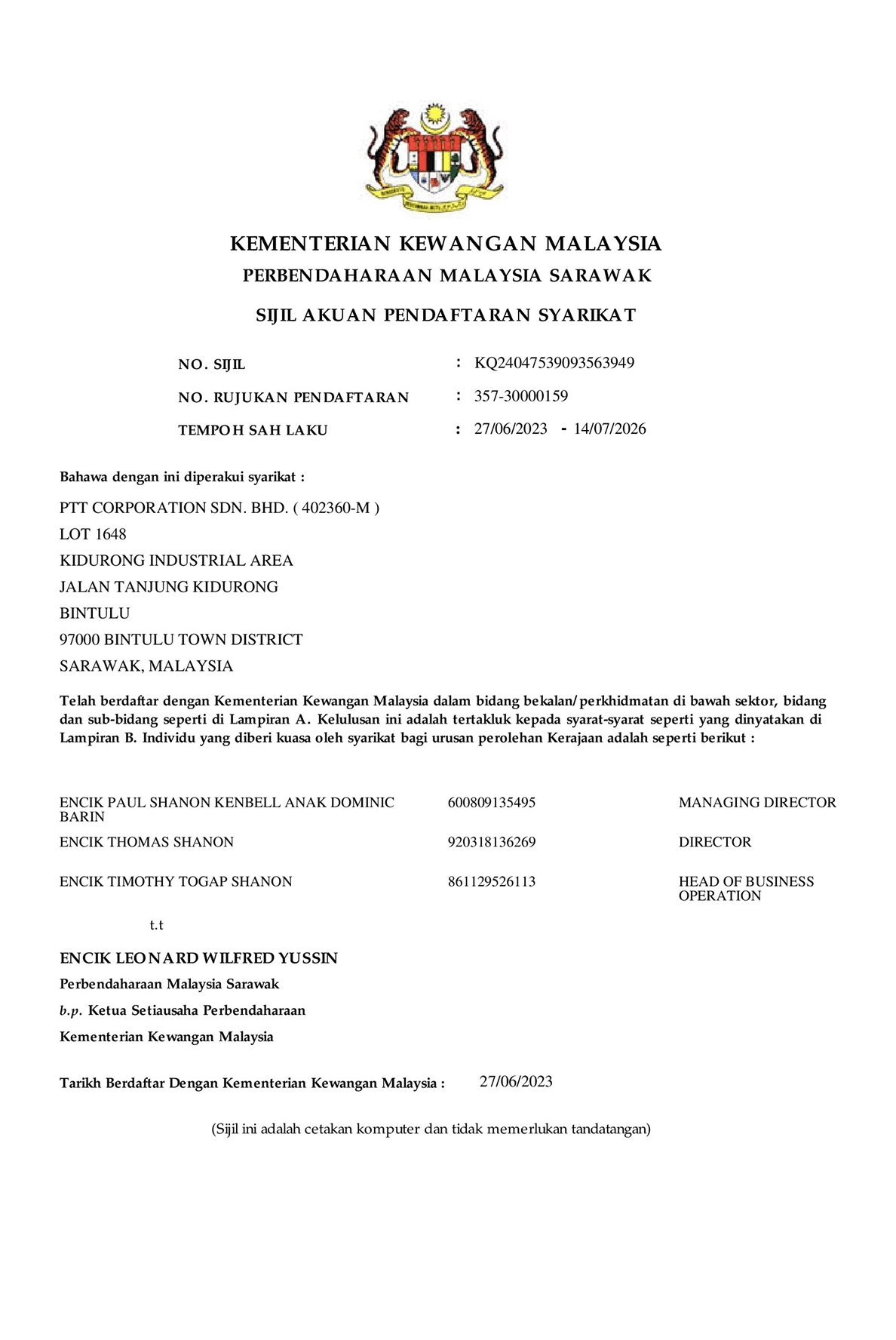MOF Malaysia company registration certificate for PTT Corporation Sdn. Bhd., valid from 27/06/2023 to 14/07/2026.