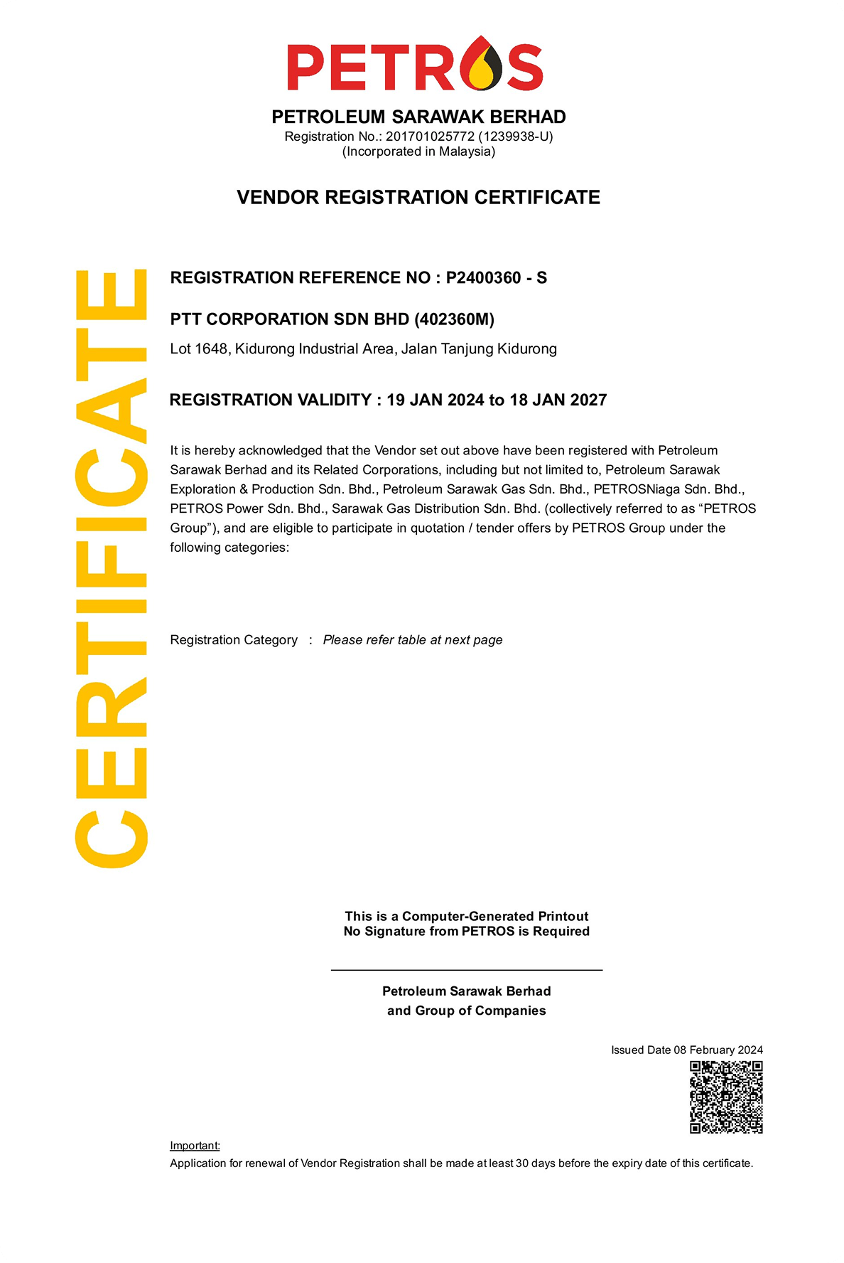 PETROS vendor registration certificate for PTT Corporation Sdn. Bhd. with registration and validity details.
