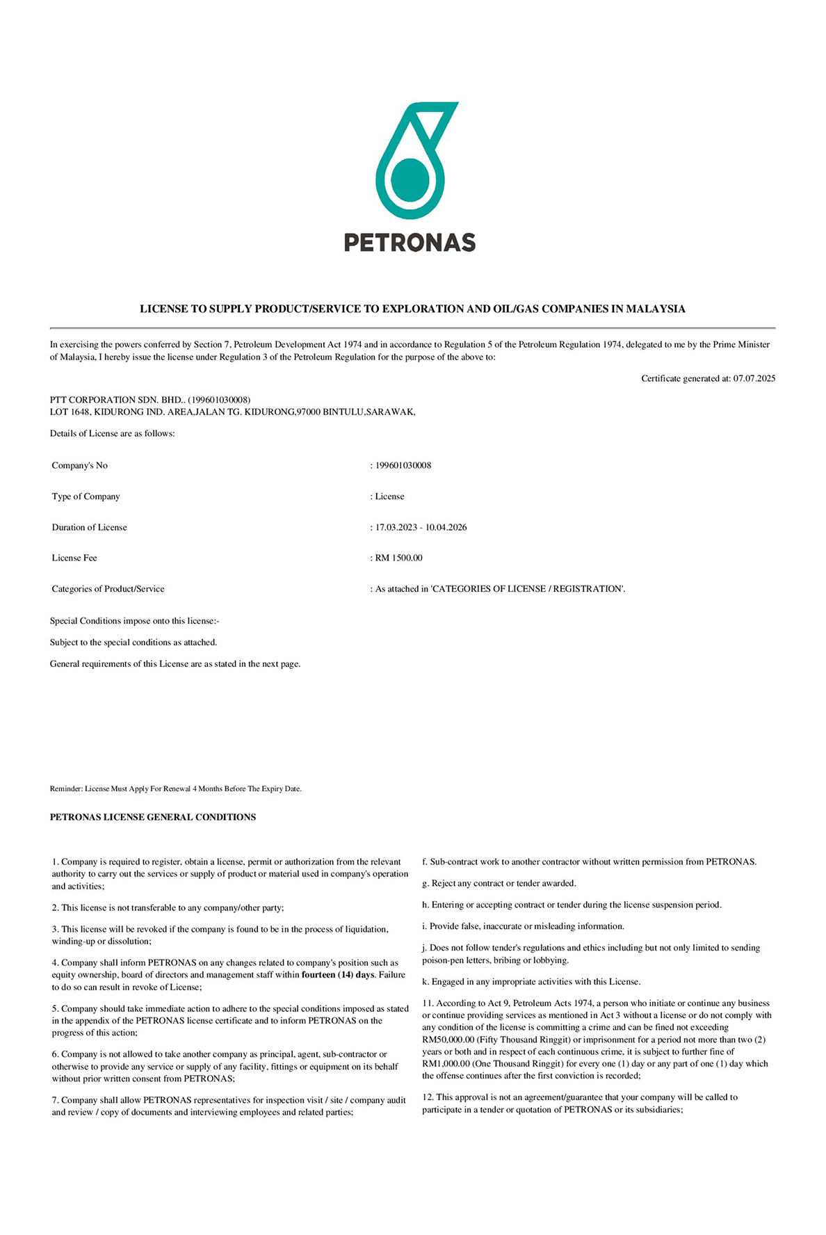 PETRONAS license certificate for PTT Corporation Sdn. Bhd. stating license details, validity dates, and conditions.