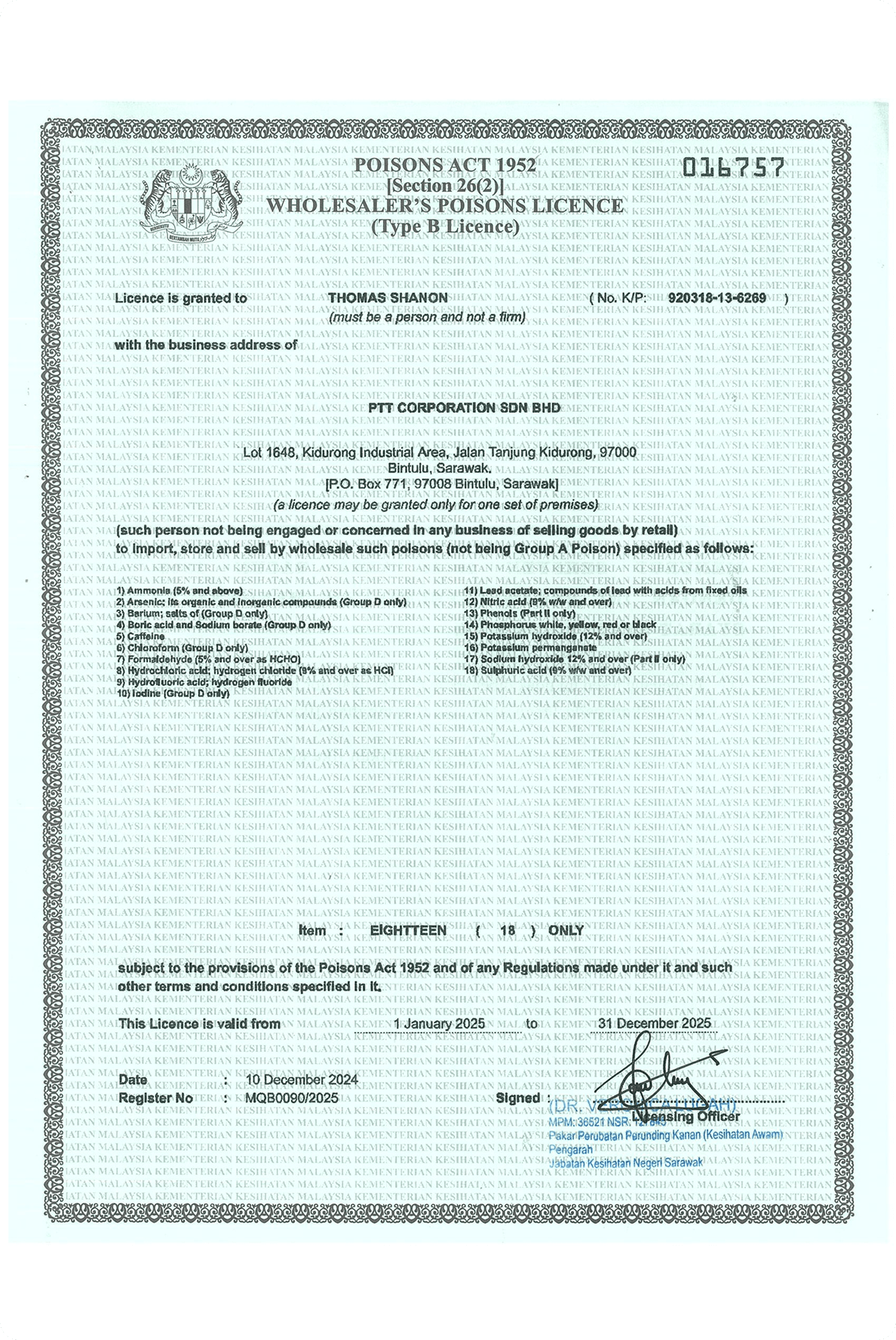 Malaysia Type B Poisons Licence for PTT Corporation Sdn. Bhd., valid for 2025.