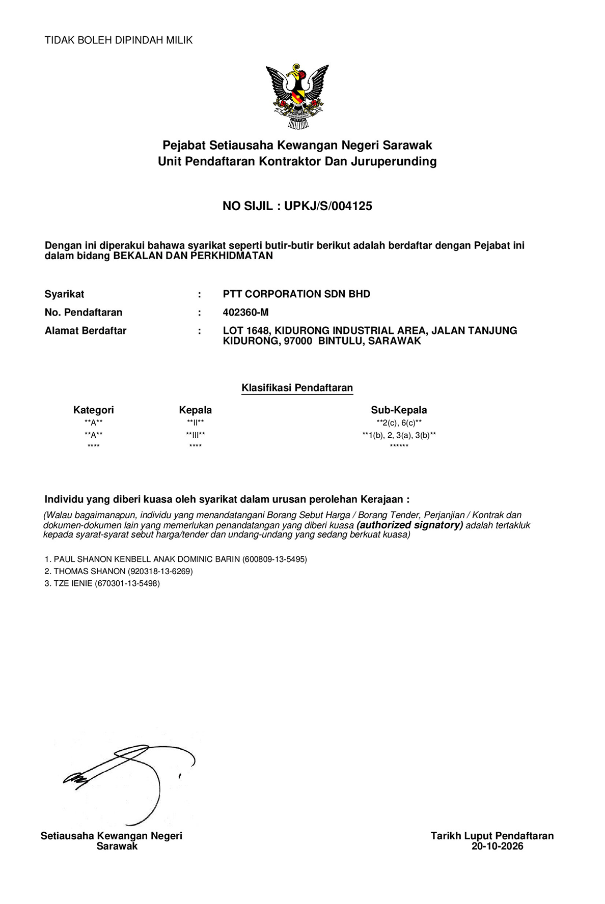 Sarawak UPKJ registration certificate for PTT Corporation Sdn. Bhd. with categories and authorised signatories.
