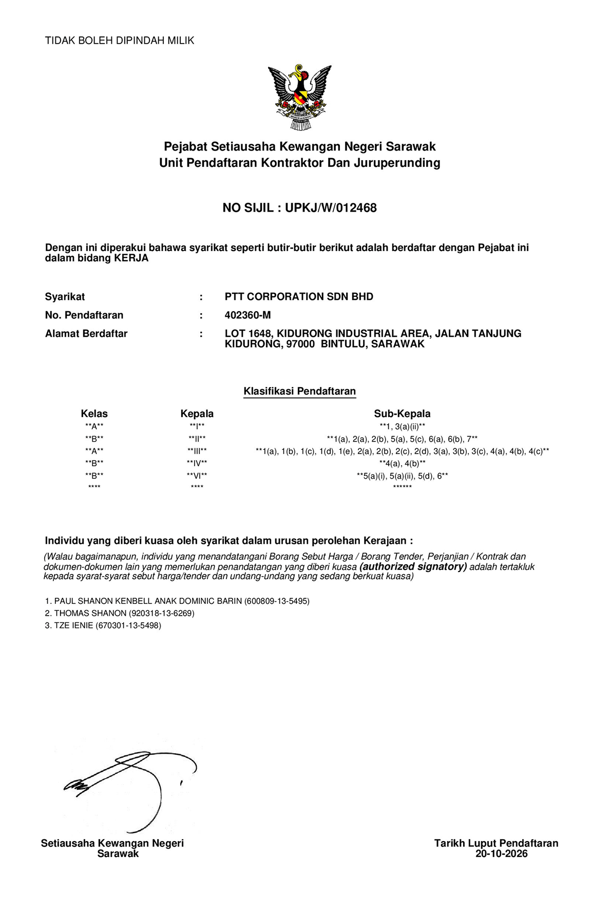 Sarawak UPKJ work category certificate for PTT Corporation Sdn. Bhd. with classes and authorised signatories.