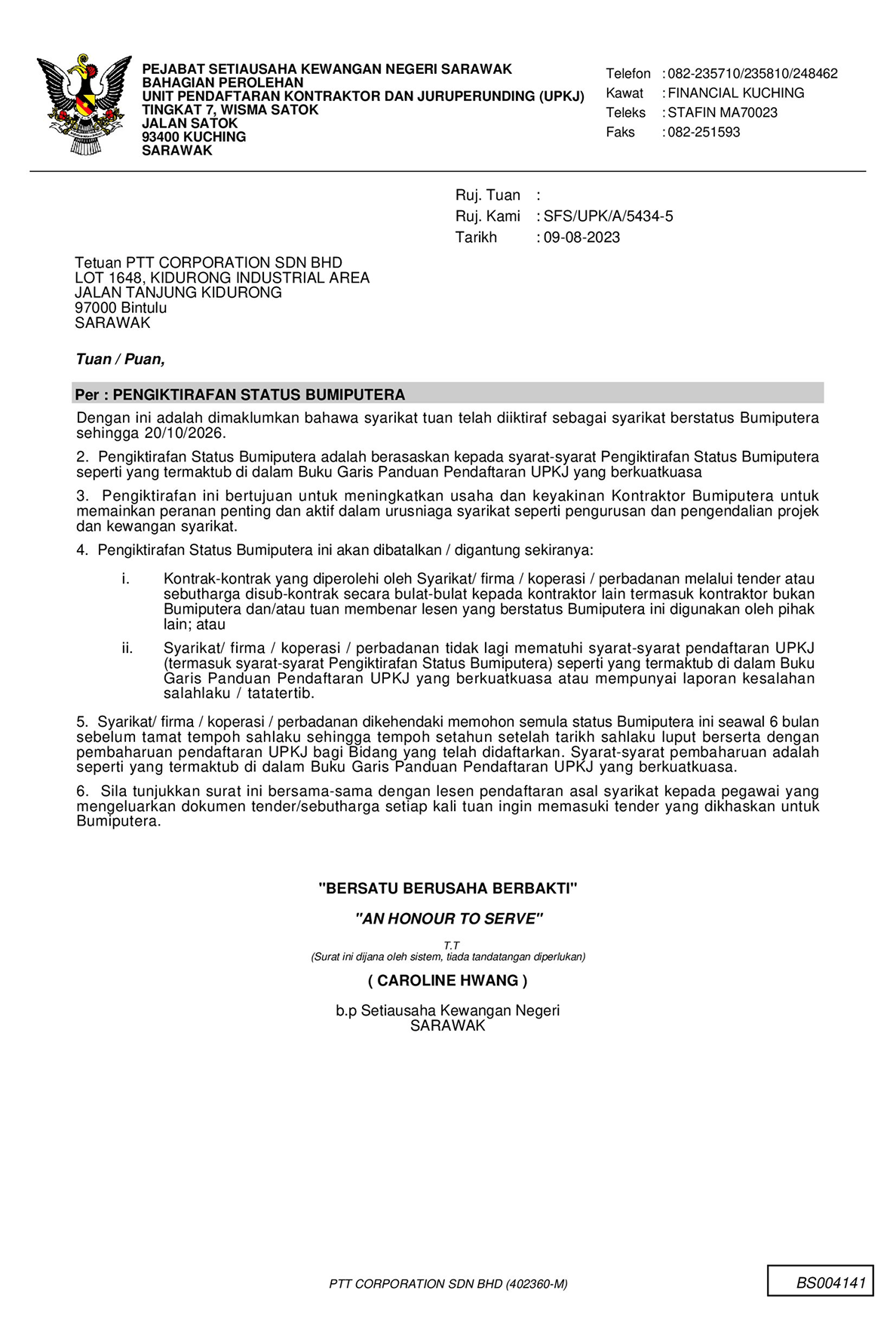 UPKJ letter confirming Bumiputera status recognition for PTT Corporation Sdn. Bhd., valid until 20/10/2026.